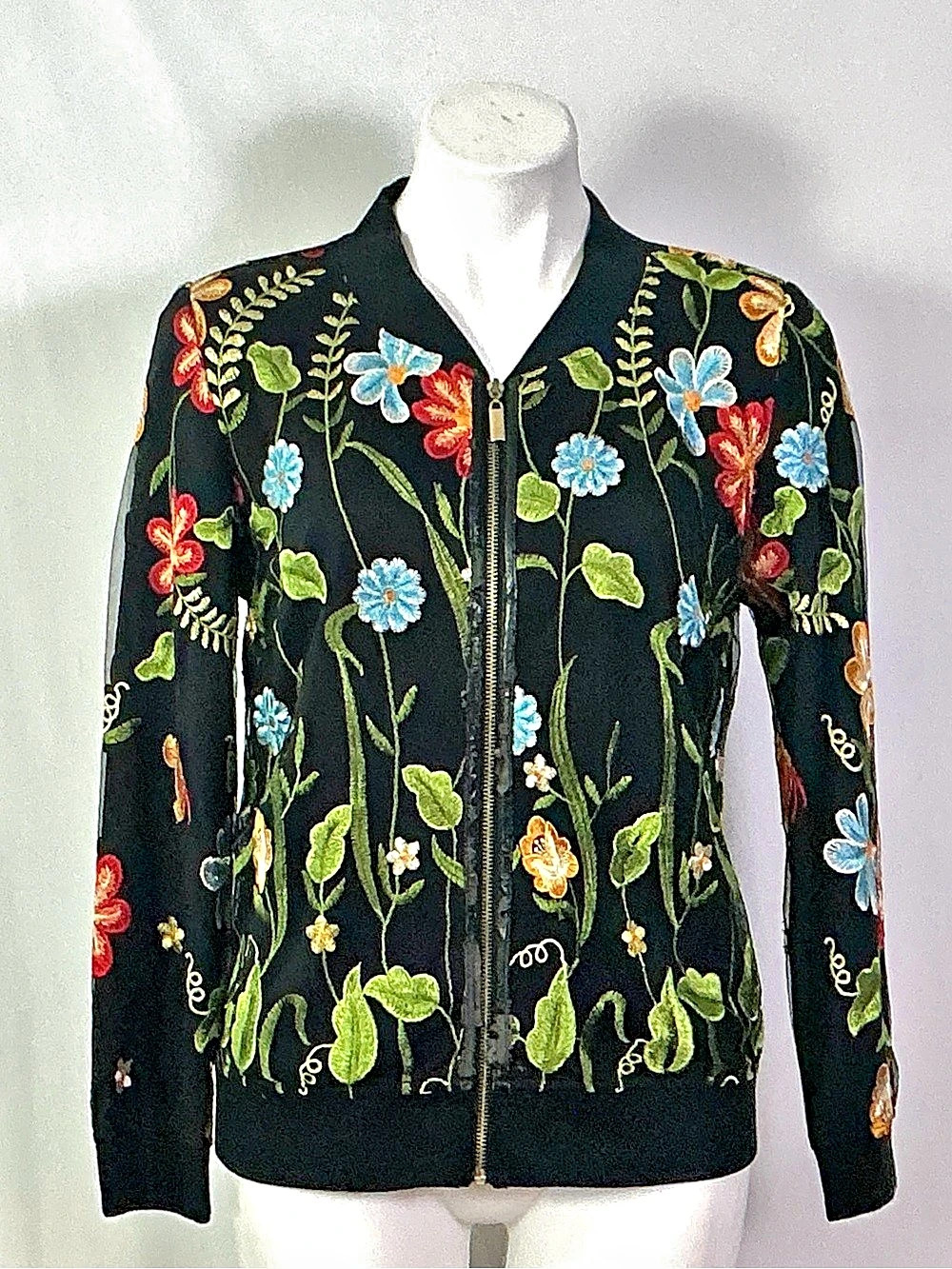 T&W Designs Floral Embroidered Bomber Jacket Size Medium